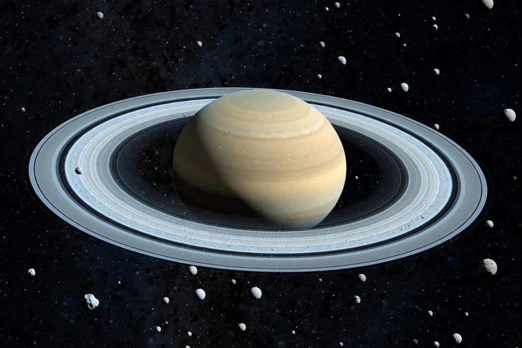 Saturn and its rings surrounded by dozens of small moons in deep space