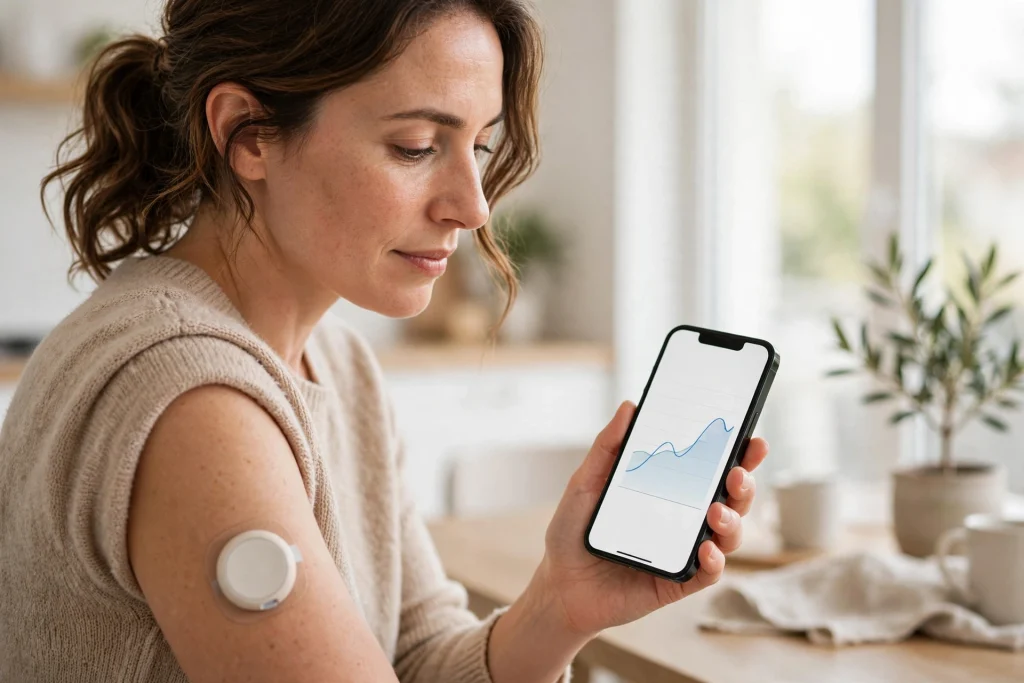 Continuous Glucose Monitors Help Type 2 Diabetes Patients Stay in Range Longer Person wearing a continuous glucose monitor sensor checking blood sugar readings on a smartphone
