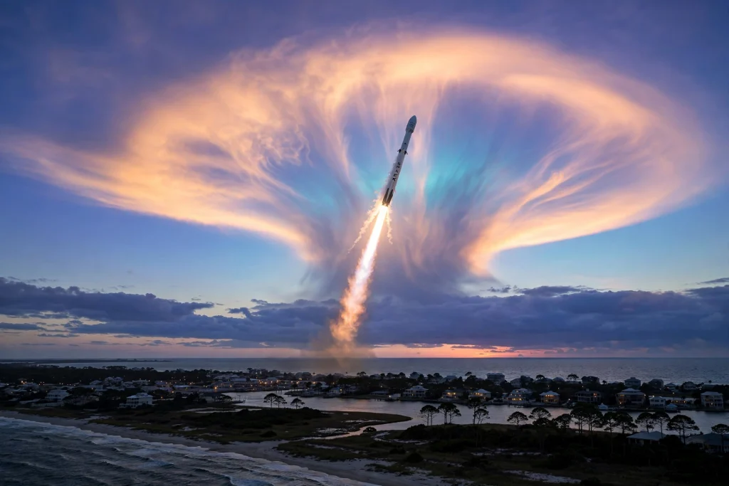 Rocket launch at dawn creating a glowing jellyfish-shaped exhaust cloud over the US east coast